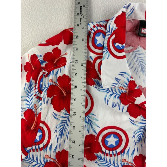 Marvel Captain America Mens Large White Red Blue Floral Shield Rayon Shirt LG - Picture 6 of 8
